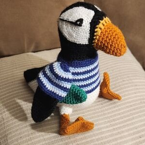 Handmade Crochet Puffin Bird Plush in Black, White & Orange with Fish